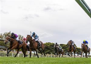 MELBOURNE, AUSTRALIA - MARCH 20: William Pike riding Dom To Shoot winning race 6, the Quayclean Mornington Guineas, during Melbourne Racing at Mornington Racecourse on March 20, 2021 in Melbourne, Australia. (Photo by Vince Caligiuri/Getty Images)