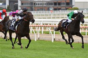 MELBOURNE, AUSTRALIA - MARCH 20: Will Price riding Flandersrain (L) winning Race 9, the Catanachs Jewellers Handicap, during Melbourne Racing at Mornington Racecourse on March 20, 2021 in Melbourne, Australia. (Photo by Vince Caligiuri/Getty Images)