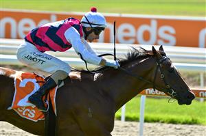 MELBOURNE, AUSTRALIA - MARCH 20: Jamie Mott riding Daily Bugle winning Race 1, the Cleanaway Sustainability Sires, during Melbourne Racing at Mornington Racecourse on March 20, 2021 in Melbourne, Australia. (Photo by Vince Caligiuri/Getty Images)