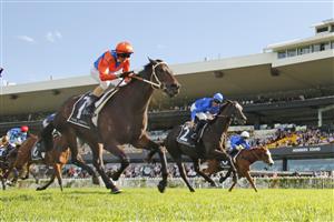 SYDNEY, AUSTRALIA - MARCH 27: Glen Boss on Think It Over wins race 6 the Agency George Ryder Stakes during Golden Slipper Day at Rosehill Gardens on March 27, 2021 in Sydney, Australia. (Photo by Mark Evans/Getty Images)