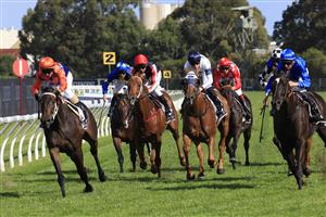 SYDNEY, AUSTRALIA - MARCH 27: Glen Boss on Think It Over 9orange/blue) wins race 6 the Agency George Ryder Stakes during Golden Slipper Day at Rosehill Gardens on March 27, 2021 in Sydney, Australia. (Photo by Mark Evans/Getty Images)