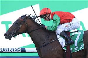 SYDNEY, AUSTRALIA - MARCH 27: Kerrin McEvoy on Seasons wins race 9 the TAB Birthday Card Stakes during Golden Slipper Day at Rosehill Gardens on March 27, 2021 in Sydney, Australia. (Photo by Mark Evans/Getty Images)