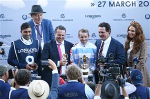 SYDNEY, AUSTRALIA - MARCH 27: Tommy Berry poses with trainers Richard and Michael Freedman after winning the Golden Slipper on Stay Inside during Golden Slipper Day at Rosehill Gardens on March 27, 2021 in Sydney, Australia. (Photo by Jason McCawley/Getty Images for the Australian Turf Club)