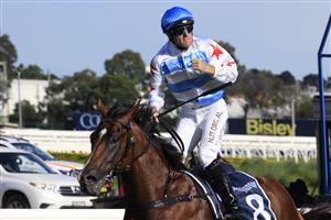 SYDNEY, AUSTRALIA - MARCH 27: Tommy Berry wins the Golden Slipper on Stay Inside uring Golden Slipper Day at Rosehill Gardens on March 27, 2021 in Sydney, Australia. (Photo by Mark Evans/Getty Images)