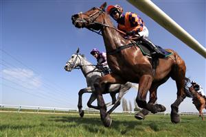 SOUTHWELL, ENGLAND - MARCH 31: Action from the Sky Sports Racing Sky 415 Standard Open NH Flat Race at Southwell Racecourse on March 31, 2021 in Southwell, England. (Photo by Mike Egerton-Pool/Getty Images)