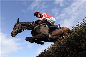 SOUTHWELL, ENGLAND - MARCH 31: Get Back Get Back ridden by Bryan Carver during the Download The At The Races App Novices' Hurdle at Southwell Racecourse on March 31, 2021 in Southwell, England. (Photo by Mike Egerton-Pool/Getty Images)