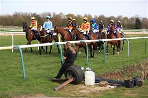 SOUTHWELL, ENGLAND - MARCH 31: Runners and riders ahead of the start of the Weatherbys nhstallions.co.uk Handicap Hurdle at Southwell Racecourse on March 31, 2021 in Southwell, England. (Photo by Mike Egerton-Pool/Getty Images)