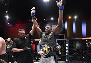 LAS VEGAS, NEVADA - MARCH 27: In this handout image provided by UFC, Francis Ngannou of Cameroon reacts after his victory over Stipe Miocic in their UFC heavyweight championship fight during the UFC 260 event at UFC APEX on March 27, 2021 in Las Vegas, Nevada. (Photo by Jeff Bottari/Zuffa LLC via Getty Images)
