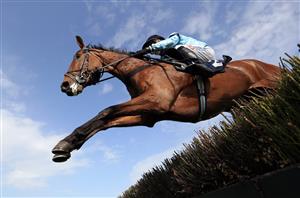 SOUTHWELL, ENGLAND - MARCH 31: Rockstar Ronnie ridden by Harry Skelton during the Download The At The Races App Novices' Hurdle at Southwell Racecourse on March 31, 2021 in Southwell, England. (Photo by Mike Egerton-Pool/Getty Images)
