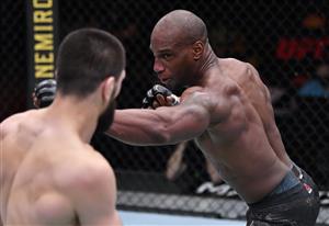 LAS VEGAS, NEVADA - MARCH 27: In this handout image provided by UFC, (R-L) Jared Gooden punches Abubakar Nurmagomedov of Russia in their welterweight fight during the UFC 260 event at UFC APEX on March 27, 2021 in Las Vegas, Nevada. (Photo by Jeff Bottari/Zuffa LLC via Getty Images)