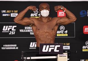ABU DHABI, UNITED ARAB EMIRATES - JULY 10: In this handout image provided by UFC, Kamaru Usman of Nigeria poses on the scale during the UFC 251 official weigh-in inside Flash Forum at UFC Fight Island on July 10, 2020 on Yas Island Abu Dhabi, United Arab Emirates. (Photo by Jeff Bottari/Zuffa LLC via Getty Images)
