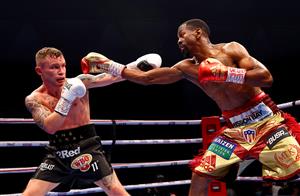 DUBAI, UNITED ARAB EMIRATES - APRIL 03: Jamel Herring (R) of the USA punches Carl Frampton of Northern Ireland during the WBO World Super Featherweight Title Fight between Jamel Herring and Carl Frampton at The Rotunda at Caesars Palace on April 03, 2021 in Dubai, United Arab Emirates. (Photo by Francois Nel/Getty Images)