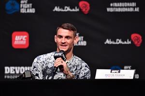 ABU DHABI, UNITED ARAB EMIRATES - JANUARY 21: In this handout image provided by the UFC, Dustin Poirier interacts with media during the UFC 257 press conference event inside Etihad Arena on UFC Fight Island on January 21, 2021 in Yas Island, Abu Dhabi, United Arab Emirates. (Photo by Jeff Bottari/Zuffa LLC via Getty Images)