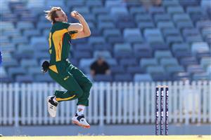 PERTH, AUSTRALIA - APRIL 08: Sam Rainbird of Tasmania bowls during the Marsh One Day Cup match between Western Australia and Tasmania at the WACA on April 08, 2021 in Perth, Australia. (Photo by Paul Kane/Getty Images)