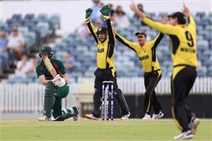PERTH, AUSTRALIA - APRIL 08: Mitch Owen of Tasmania reacts after being dismissed LBW by Ashton Agar of Western Australia during the Marsh One Day Cup match between Western Australia and Tasmania at the WACA on April 08, 2021 in Perth, Australia. (Photo by Paul Kane/Getty Images)