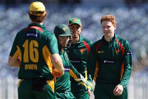 PERTH, AUSTRALIA - APRIL 08: Tom Andrews of Tasmania celebrates the wicket of Sam Whiteman of Western Australia during the Marsh One Day Cup match between Western Australia and Tasmania at the WACA on April 08, 2021 in Perth, Australia. (Photo by Paul Kane/Getty Images)