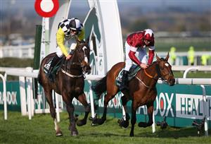LIVERPOOL, ENGLAND - APRIL 14: Davy Russell (R) rides Tiger Roll to victory, closely followed by David Mullins (L) riding Pleasant Company during the 2018 Randox Health Grand National at Aintree Racecourse on April 14, 2018 in Liverpool, England. (Photo by Alex Livesey/Getty Images)