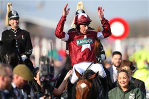 LIVERPOOL, ENGLAND - APRIL 14: Davy Russell celebrates after riding Tiger Roll to victory during the 2018 Randox Health Grand National at Aintree Racecourse on April 14, 2018 in Liverpool, England. (Photo by Alex Livesey/Getty Images)