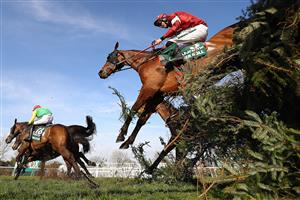 LIVERPOOL, ENGLAND - APRIL 06: Davy Russell riding Tiger Roll (R) clears Canal Turn on his way to winning the 2019 Randox Health Grand National at Aintree Racecourse on April 06, 2019 in Liverpool, England. (Photo by Michael Steele/Getty Images)