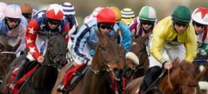 LIVERPOOL, ENGLAND - APRIL 08: A general view as tight racing during The Goffs UK Nickel Coin Mares' Standard Open NH Flat Race at Aintree Racecourse on April 08, 2021 in Liverpool, England. Sporting venues around the UK remain under restrictions due to the Coronavirus Pandemic. Only owners are allowed to attend the meeting but the public must wait until further restrictions are lifted. (Photo by Alan Crowhurst/Getty Images)