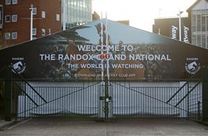 LIVERPOOL, ENGLAND - APRIL 08: A view of Grand National signage outside closed entrance gates ahead of the Liverpool NHS Day of the 2021 Randox Health Grand National Festival at Aintree Racecourse on April 8, 2021 in Liverpool, England. (Photo by Tim Goode - Pool/Getty Images)