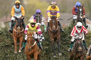 LIVERPOOL, ENGLAND - APRIL 08: A general view as runners clear 'The Chair' during The Rose Paterson Randox Foxhunters' Open Hunters' Chase at Aintree Racecourse on April 08, 2021 in Liverpool, England. Sporting venues around the UK remain under restrictions due to the Coronavirus Pandemic. Only owners are allowed to attend the meeting but the public must wait until further restrictions are lifted. (Photo by Alan Crowhurst/Getty Images)