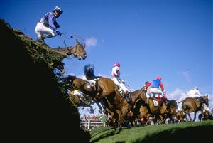Apr 1989: A general view of the field jumping a fence during the Grand National at Aintree racecourse in Liverpool, \ England. \ Mandatory Credit: Bob Martin/Allsport