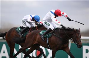 LIVERPOOL, ENGLAND - APRIL 08: Protektorat ridden by Harry Skelton (R) coming home to win the SSS Super Alloys Manifesto Novices' Chase during the Liverpool NHS Day of the 2021 Randox Health Grand National Festival at Aintree Racecourse on April 8, 2021 in Liverpool, England. (Photo by Tim Goode - Pool/Getty Images)