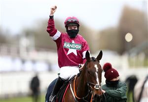 LIVERPOOL, ENGLAND - APRIL 08: Abacadabras and jockey Jack Kennedy react after winning the Betway Aintree Hurdle during the Liverpool NHS Day of the 2021 Randox Health Grand National Festival at Aintree Racecourse on April 8, 2021 in Liverpool, England. (Photo by Tim Goode - Pool/Getty Images)