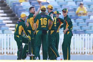 PERTH, AUSTRALIA - APRIL 08: Jackson Bird and Beau Webster of Tasmania celebrate the wicket of D'Arcy Short of Western Australia during the Marsh One Day Cup match between Western Australia and Tasmania at the WACA on April 08, 2021 in Perth, Australia. (Photo by Paul Kane/Getty Images)