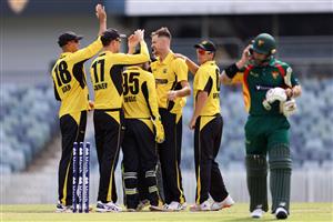 PERTH, AUSTRALIA - APRIL 08: Jason Behrendorff of Western Australia celebrates the wicket of Matthew Wade of Tasmania during the Marsh One Day Cup match between Western Australia and Tasmania at the WACA on April 08, 2021 in Perth, Australia. (Photo by Paul Kane/Getty Images)