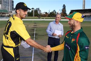 PERTH, AUSTRALIA - APRIL 08: Mitch Marsh of Western Australia and Matthew Wade of Tasmania shake hands following the coin toss during the Marsh One Day Cup match between Western Australia and Tasmania at the WACA on April 08, 2021 in Perth, Australia. (Photo by Paul Kane/Getty Images)