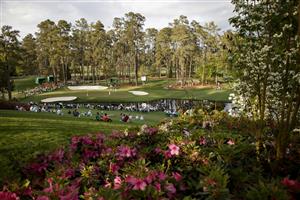 AUGUSTA, GEORGIA - APRIL 08: A general view of the 16th green as Adam Scott of Australia putts during the first round of the Masters at Augusta National Golf Club on April 08, 2021 in Augusta, Georgia. (Photo by Jared C. Tilton/Getty Images)