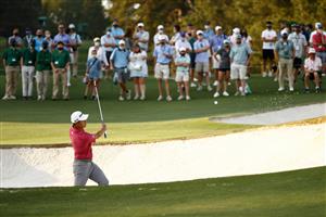 AUGUSTA, GEORGIA - APRIL 08: Collin Morikawa of the United States plays a shot from a bunker on the 17th hole during the first round of the Masters at Augusta National Golf Club on April 08, 2021 in Augusta, Georgia. (Photo by Jared C. Tilton/Getty Images)