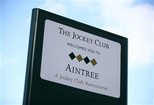 LIVERPOOL, ENGLAND - APRIL 09: Jockey Club signage during Ladies Day of the 2021 Randox Health Grand National Festival at Aintree Racecourse on April 9, 2021 in Liverpool, England. (Photo by Tim Goode - Pool/Getty Images)
