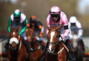 LIVERPOOL, ENGLAND - APRIL 09: Harry Bannister riding For Pleasure, wearing a black armband in honour of the late Prince Philip, Duke of Edinburgh, in the Betway Top Novices' Hurdle during Ladies Day of the 2021 Randox Health Grand National Festival at Aintree Racecourse on April 9, 2021 in Liverpool, England. (Photo by Tim Goode - Pool / Getty Images)