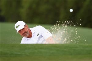 AUGUSTA, GEORGIA - APRIL 08: José María Olazábal of Spain plays a shot from a bunker on the 18th hole during the first round of the Masters at Augusta National Golf Club on April 08, 2021 in Augusta, Georgia. (Photo by Mike Ehrmann/Getty Images)