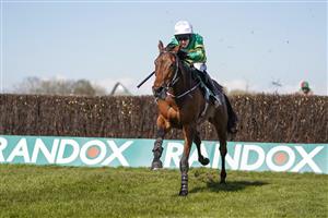 LIVERPOOL, ENGLAND - APRIL 09: Mark Walsh riding Fakir D'Oudairies clear the last to win The Marsh Chase at Aintree Racecourse on April 09, 2021 in Liverpool, England. Sporting venues around the UK remain under restrictions due to the Coronavirus Pandemic. Only owners are allowed to attend the meeting but the public must wait until further restrictions are lifted. (Photo by Alan Crowhurst/Getty Images)
