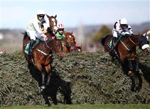 LIVERPOOL, ENGLAND - APRIL 09: Patrick Mullins riding Livelovelaugh (left) jumps the Chair on the first lap of the Randox Topham Handicap Chase during Ladies Day of the 2021 Randox Health Grand National Festival at Aintree Racecourse on April 9, 2021 in Liverpool, England. (Photo by Tim Goode - Pool / Getty Images)