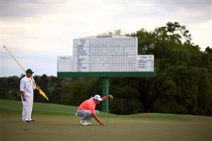 AUGUSTA, GEORGIA - APRIL 08: Ryan Palmer of the United States lines up a putt on the 18th green during the first round of the Masters at Augusta National Golf Club on April 08, 2021 in Augusta, Georgia. (Photo by Mike Ehrmann/Getty Images)