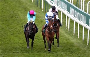 LIVERPOOL, ENGLAND - APRIL 10: Knappers Hill ridden by Megan Nicholls (front right) wins The Weatherbys nhstallions.co.uk Standard Open NH Flat Race during Grand National Day of the 2021 Randox Health Grand National Festival at Aintree Racecourse on April 10, 2021 in Liverpool, England. (Photo by Tim Goode - Pool/Getty Images)