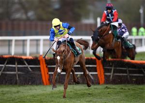 LIVERPOOL, ENGLAND - APRIL 10: Hometown Boy ridden by Ciaran Gethings stumbles at the last before going on to win the EFT Systems Handicap Hurdle during Grand National Day of the 2021 Randox Health Grand National Festival at Aintree Racecourse on April 10, 2021 in Liverpool, England. (Photo by Tim Goode - Pool / Getty Images)