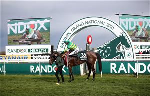 LIVERPOOL, ENGLAND - APRIL 10: Rachael Blackmore celebrates winning on Minella Times, the Randox Grand National Handicap Chase, on Grand National Day of the 2021 Randox Health Grand National Festival at Aintree Racecourse on April 10, 2021 in Liverpool, England. (Photo by Tim Goode - Pool/Getty Images)