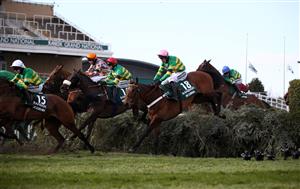LIVERPOOL, ENGLAND - APRIL 10: Runners and riders clear The Chair during the Randox Grand National Handicap Chase, on Grand National Day of the 2021 Randox Health Grand National Festival at Aintree Racecourse on April 10, 2021 in Liverpool, England. (Photo by Tim Goode - Pool/Getty Images)