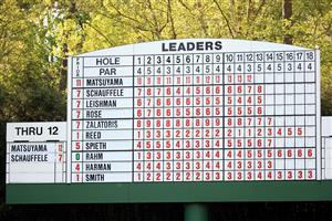 AUGUSTA, GEORGIA - APRIL 11: A general view of a leaderboard during the final round of the Masters at Augusta National Golf Club on April 11, 2021 in Augusta, Georgia. (Photo by Mike Ehrmann/Getty Images)