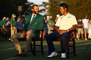 AUGUSTA, GEORGIA - APRIL 11: Hideki Matsuyama of Japan (R) laughs with Dustin Johnson of the United States during the Green Jacket Ceremony after Matsuyama won the Masters at Augusta National Golf Club on April 11, 2021 in Augusta, Georgia. (Photo by Jared C. Tilton/Getty Images)