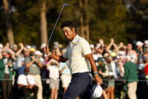 AUGUSTA, GEORGIA - APRIL 11: Hideki Matsuyama of Japan celebrates on the 18th green after winning the Masters at Augusta National Golf Club on April 11, 2021 in Augusta, Georgia. (Photo by Jared C. Tilton/Getty Images)