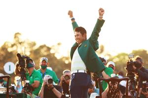AUGUSTA, GEORGIA - APRIL 11: Hideki Matsuyama of Japan celebrates during the Green Jacket Ceremony after winning the Masters at Augusta National Golf Club on April 11, 2021 in Augusta, Georgia. (Photo by Mike Ehrmann/Getty Images)