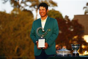 AUGUSTA, GEORGIA - APRIL 11: Hideki Matsuyama of Japan poses with the Asia Pacific Amateur Championship trophy during the Green Jacket Ceremony after winning the Masters at Augusta National Golf Club on April 11, 2021 in Augusta, Georgia. (Photo by Jared C. Tilton/Getty Images)