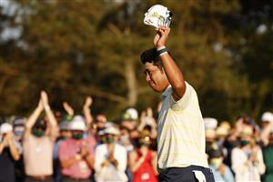 AUGUSTA, GEORGIA - APRIL 11: Hideki Matsuyama of Japan celebrates on the 18th green after winning the Masters at Augusta National Golf Club on April 11, 2021 in Augusta, Georgia. (Photo by Jared C. Tilton/Getty Images)
